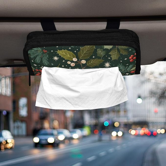 Green Christmas Holly Berries Pine Needles Leaves Car Tissue Holder Durable Napkin Holder Hanging Tissue Holders Case Car Tissues Bag for Sun Visor Seat Back Universal Auto