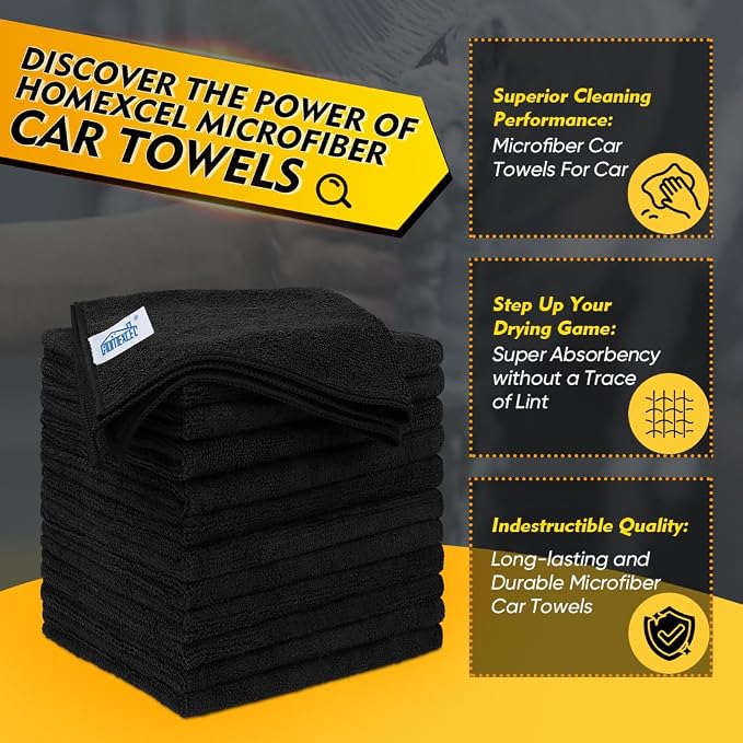HOMEXCEL Black Microfiber Cleaning Cloth 200 Pack, 11.5 x 11.5 inch Bulk Shop Towels | Reusable Cleaning Rags for Cars, Kitchen, Window, Garage and House, Ultra Absorbent, Lint Free, Streak Free