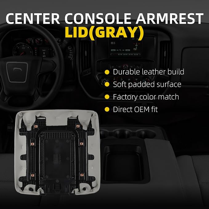 Dasbecan Center Console Lid Compatible with 2014-2018 Chevy Chevrolet Silverado/GMC Sierra 1500 2500HD 3500HD Front Center Console Armrest Lid with Liner Mat Replace# 22881398(Gray)