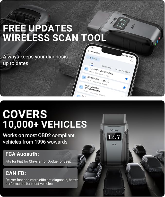 Anyscan+ A30M OBD2 Scanner Kit - No Subscription Fees, Wireless Code Reader Bidirectional Scan Tool for iOS & Android, 26 Resets, Live Data, CAN FD, FCA, Storage Bag
