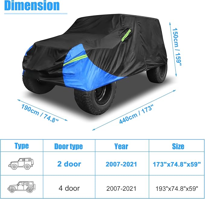 X AUTOHAUX for Jeep Wrangler Cover 2 Door Waterproof SUV Covers for Jeep Wrangler Unlimited Sport/Sahara/Rubicon JK JL TJ YJ All Weather Protection Outdoor Black Blue | for Jeep Wrangler Unlimited Sport Sahara Rubicon JK JL TJ YJ, All Weather Protectio...