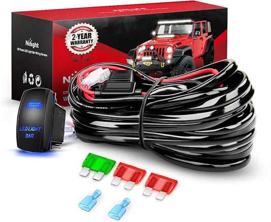 Nilight - 10019W LED Light Bar Wiring Harness Kit 12AWG Heavy Duty 12V 5Pin Rocker Switch Laser On off Waterproof Switch Power Relay Blade Fuse-1 Lead,2 Years Warranty