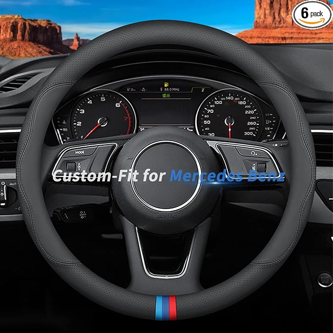 Custom-Fit for Steering Wheel Cover, Premium Leather Car Steering Wheel Cover with Logo, Non-Slip, Breathable, for Accessories (D-Style,)