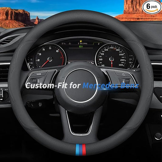 Custom-Fit for Steering Wheel Cover, Premium Leather Car Steering Wheel Cover with Logo, Non-Slip, Breathable, for Accessories (D-Style,)