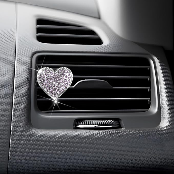 Bling Car Air Vent Clip, 2PCS Crystal Rhinestone Diamond Automotive Heart Shape Clip Charm, Cute Sparkling Vehicle Interior Decoration Accessories, Universal for SUV Sedan Trucks (Purple)