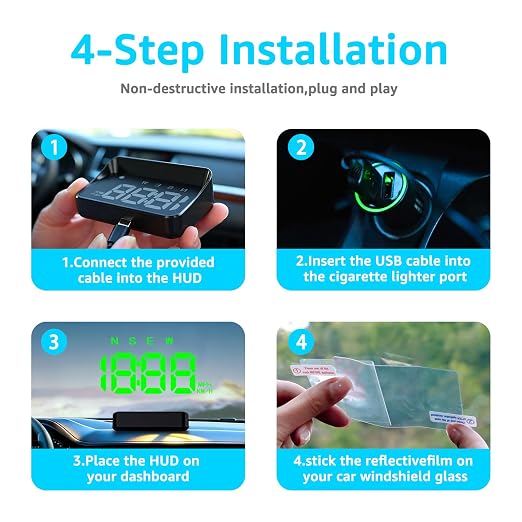 Heads up Display for Cars Windshield, Car HUD Display, HUD for Cars | USB Plug & Play, MPH/KMH Switch, Speed Calibration, Adjustable Brightness, Overspeed Alert, Large Font Display
