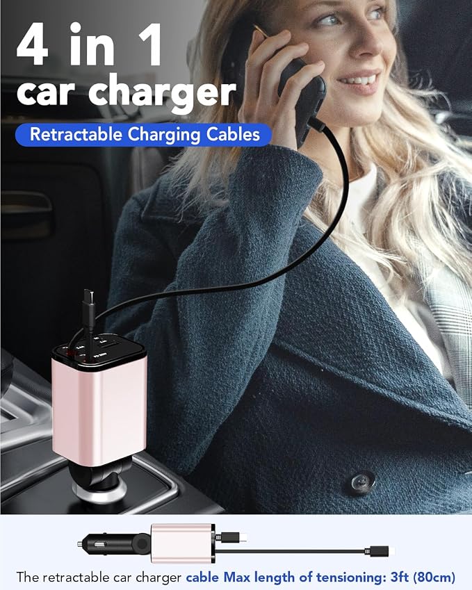 84W Retractable Car Charger,Car Phone Charger USB C Fast Charge for iPhone | EloBeth Car Charger,Cigarette Lighter USB Charger Car Accessories,Road Trip Essentials Gift for Men,for iPhone 17/16,Galaxy