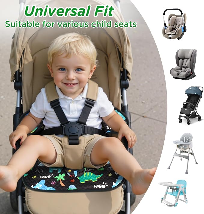 2P Car Seat Protector for Potty Training | Waterproof Toddler | 360°leak-proof + non-slip | Fits car seats, strollers, high chairs |toddler travel | Black/Dinosaur | Machine washable