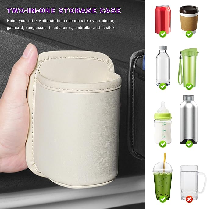 Large Car Door Cup Holders, Clip On Beverage Drink Holder Vehicle Door Storage Organizer, Scratch-Resistant Leather Water Bottle Hanging Holder for SUV Sedan Truck (White)