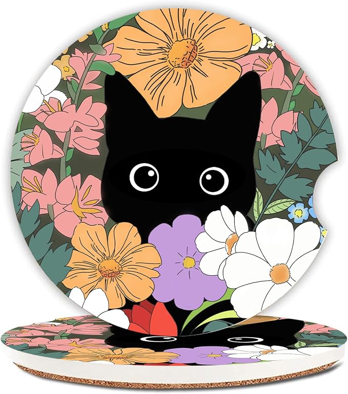 Cute Black Cat Car Coasters for Drinks Absorbent, 2 Pack Cup Holders, 2.56" Ceramic Stone & Non-Scratch Cork Base Coasters, Auto Accessories for Women & Men