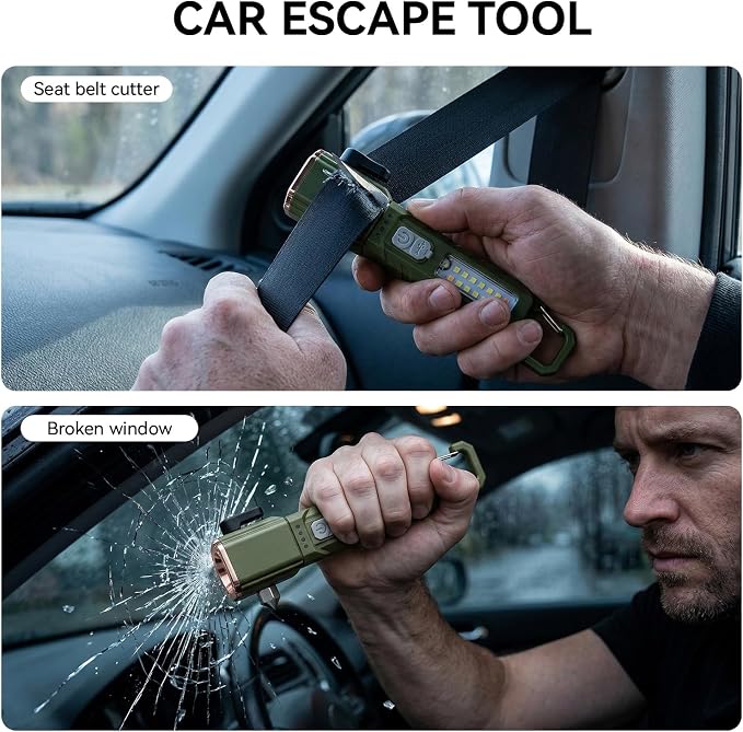Emergency Car Flashlight with 6 Lighting Modes, Flashlights Emergency Kit Escape Hammer with Seatbelt Cutter & Window Breaker, Zoomable Design,Type-C Rechargeable for Roadside Safety,Camping,Home