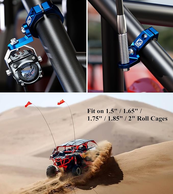 BRCOVAN 2PCS UTV Whip Light Mounts, LED Light Bar Mounting Bracket, Blue | Solid Aluminum Alloy Materials, 360° Adjustable Off-Road Whip Flag Mount Fit 1.5''/1.65'' /1.75''/1.85''/2'' Roll Cage Bars