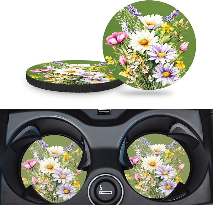 Car Cup Holder Coasters, 2 Pack – 2.75" Universal Auto Anti-Slip Insert Coaster, Rubber Car Coasters, Personalized Car Accessories for Women (Sage Green Watercolor Flowers)