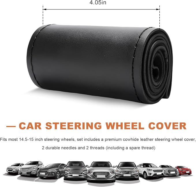 Genuine Leather Steering Wheel Cover, 15 Inch Stitch on Wheel Wrap with Needles & Threads, Breathable Steering Wheel Protector DIY Sewing Wrap for Car Truck SUV (Black, Glossy)