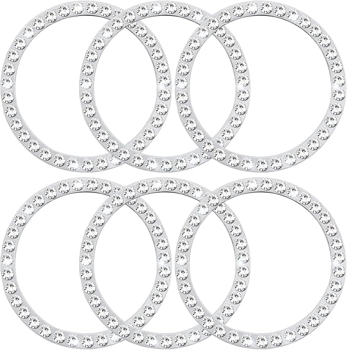 6 Pcs Car Bling Crystal Rhinestone Ring Emblem Sticker, Single Drainage Drill Car Start Button Cover, Key Ignition Knob Bling Ring Decals, Bling Car Accessories for Women, Silver