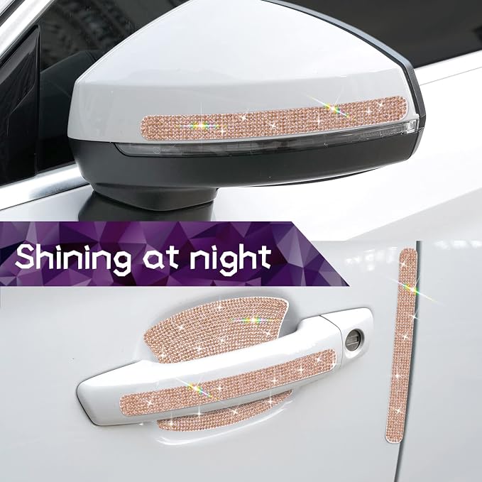 10PCS Car Door Handle Bling Rhinestones Stickers, New Champagne | Universal Auto Door Handle Safety Reflective Strips, Cute Girl's Decoration for Car
