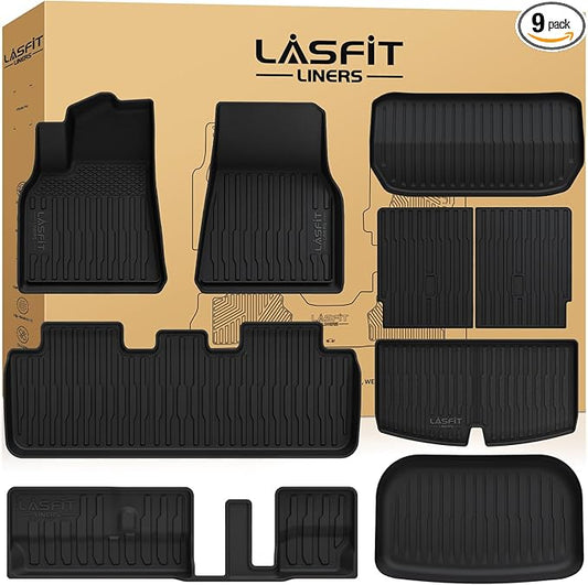 LASFIT 9PCS Floor Mats & Backrest Mats & Cargo Mats for Tesla Model Y 7 Seater 2025 2024 2023-2020 (Not Fit Juniper), All Weather TPE Custom Fit Floor Liners Car Mats & Trunk Mats Accessories
