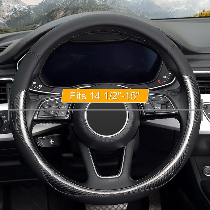 KAFEEK Carbon Fiber Steering Wheel Cover for Men, Car Accessories, Black | Universal 15 Inch Sporty & Thin Cover, Anti-Slip Matte Leather, All-Black Sleek Design