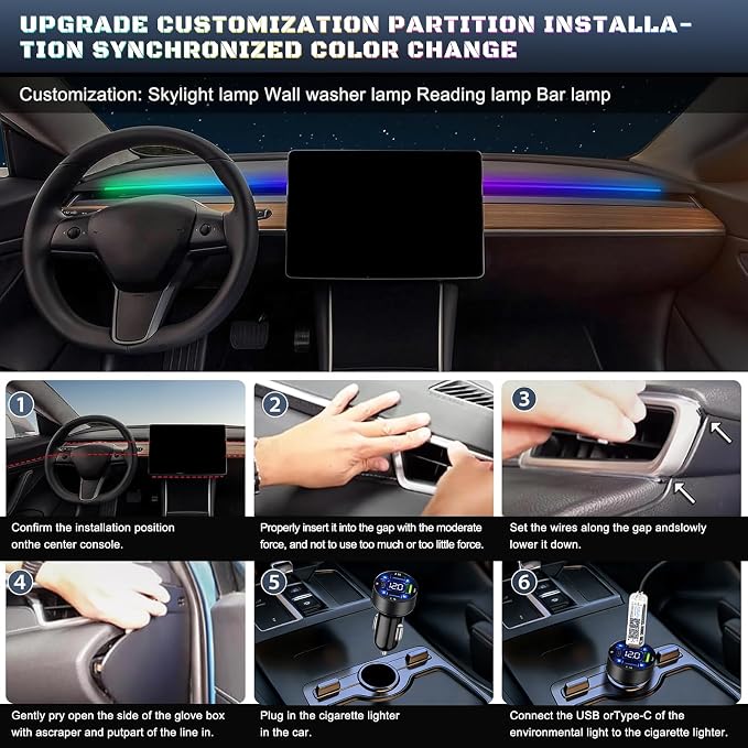 Dreamcolor Acrylic Interior Car LED Strip Light with USB/Type C/4-Port Cigarette Lighter, RGB 6 in 1 with 179.24 inches 650 LEDs Ambient Lighting Kits, Sound Active Function Neon Led Strips for Car