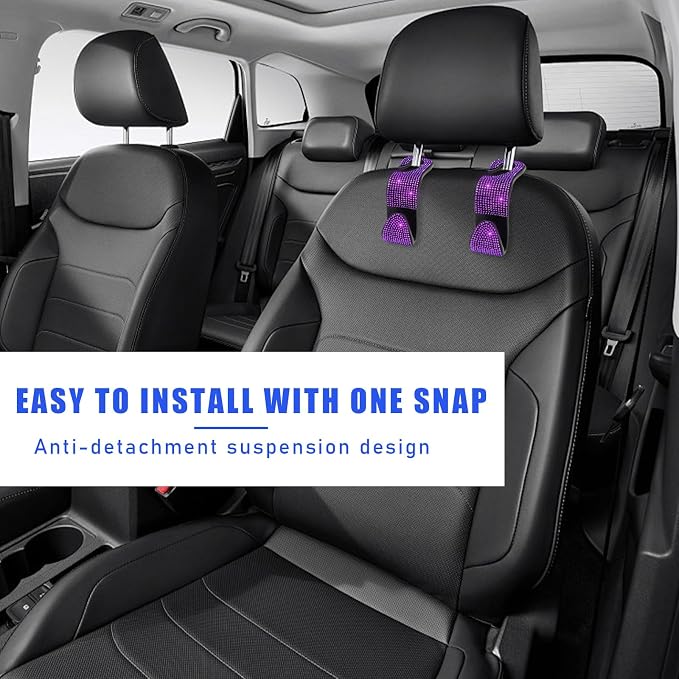 Ohleats 4 PCS Bling Car Seat Headrest Hooks, Crystal Rhinestone Back Seat Hanging Storage Organizer, Vehicle Seat Hanger Holder for Purse Handbag Coat, Interior Car Accessories (Purple)