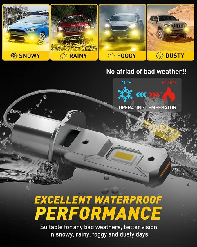 AUXITO H3 LED Bulb Yellow 3000K, 16,000LM 600% Super Brighter, 10 Years Lifespan, 1:1 Size Plug-n-Play, 100% Perfect Installation, H3 LED Fog Lighr Bulb for Fog Lamp, DRL, Canbus Ready, Pack of 2 | 1:1 Size Plug-n-Play, 100% Perfect Installation, H3 LE...