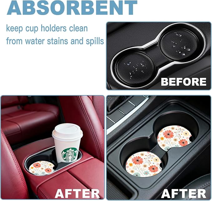 Car Cup Holder Coaster Set of 2, 2.56 in Ceramic Coasters, Scratch-Resistant Cork Backing, Finger Groove Design for Easy Placement, Cute Car Accessories Interior for Women (Red Flowers)