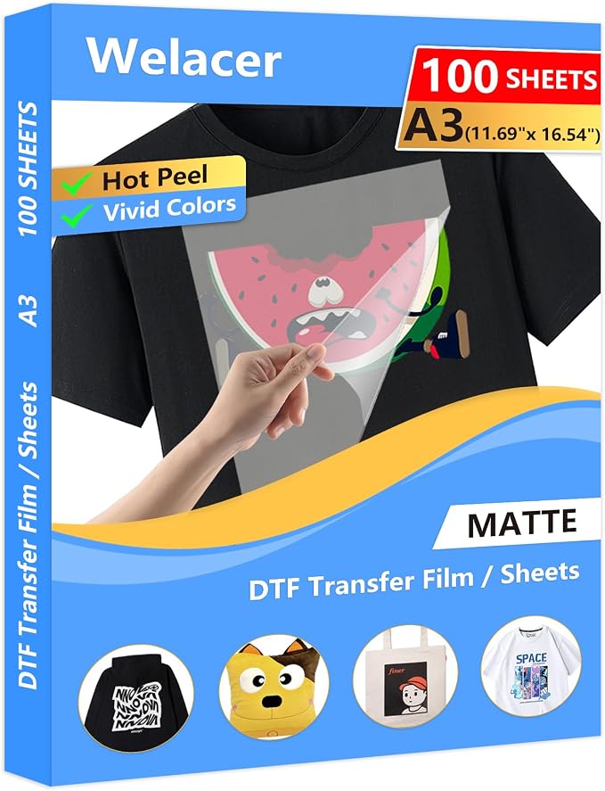 DTF Transfer Film A3 100 Sheets,Double-Sided Thick Matte Pretreat Film | Hot&Cold Peel,PET Heat Transfer Paper for DTF Inkjet Printers Direct Print on T-Shirts and All Color Fabrics, Wash Durable