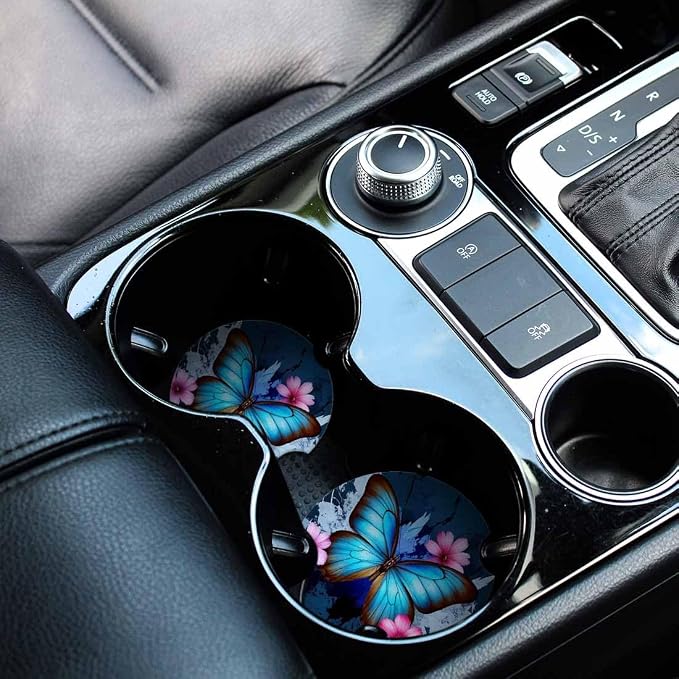 Beautiful Butterfly Car Cup Holder Coaster 2 Pack Absorbent Ceramic Car Coasters for Cup Holders Car Accessories Interior for Women Men Universal Anti Slip Cork Base Cup Coasters with Finger Notch