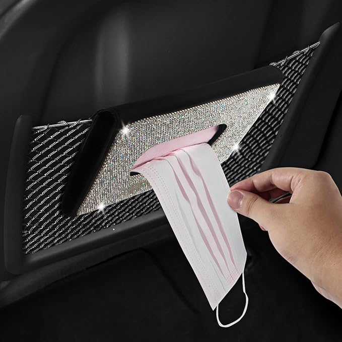【2026 Upgraded】 Bling Car Sun Visor Tissue Box with Refills Paper Towels, PU Leather Backseat Mask Case,Crystal Sparkling Napkin Holder, Handmade Decoration Accessories for Women,Girls,Ladies as Gift