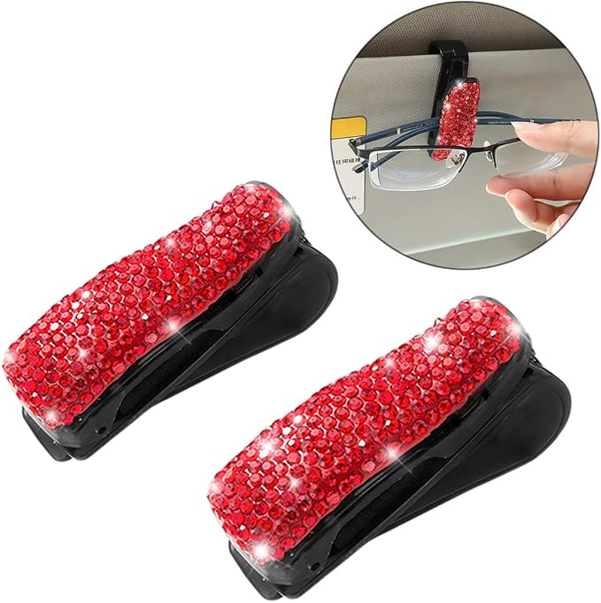 Moly Magnolia 2 PCS Glasses Holders for Car Sun Visor, Fashion Bling Crystal Rhinestones Car Eyeglasses Sunglasses Hanger Mount with Ticket Card Clip for Women Girls (Red)