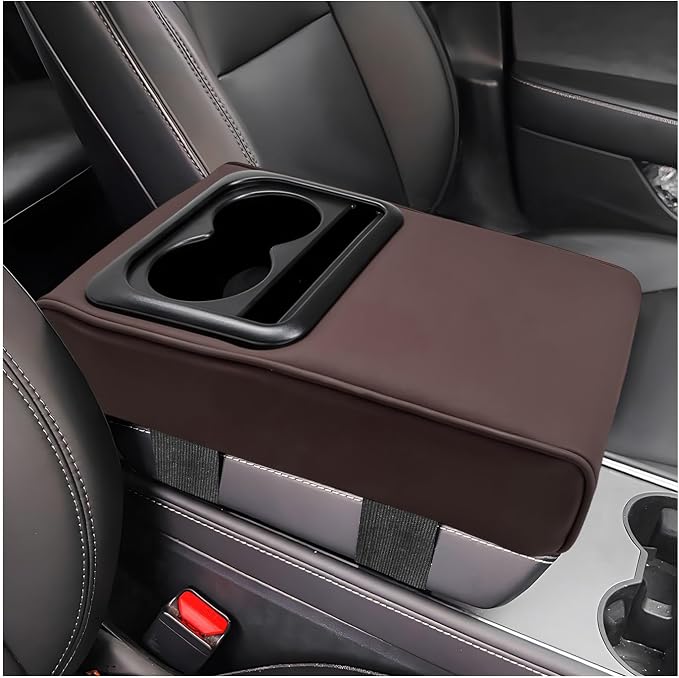 Car Center Console Armrest Pillow, Memory Foam Auto Armrest Box Cover with Cup Holder & Phone Holder, Waterproof Leather Arm Rest Protector Cushion, Interior Car Accessories (Coffee)