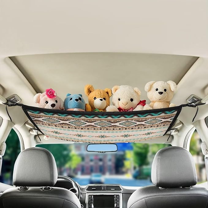 Dreaweet Aztec Print Car Ceiling Cargo Net for SUV Cargo Net Organizer Southwestern Native American Car Roof Storage Net for Truck Mini Van Car Camping Accessories Ceiling Storage Net with Zipper