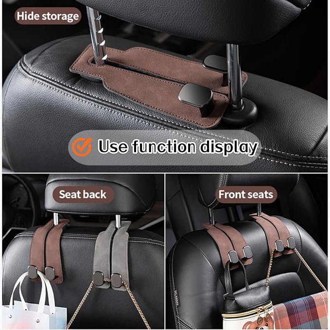 Coozyland Car Hooks, Coozy Land Metal Multi-Function Leather Car Headrest Hooks, Universal Double Hook Car Seat Back Storage Hooks for Wallets, Handbags, Bottles, Trash Bags, etc (Red 2-Pack)