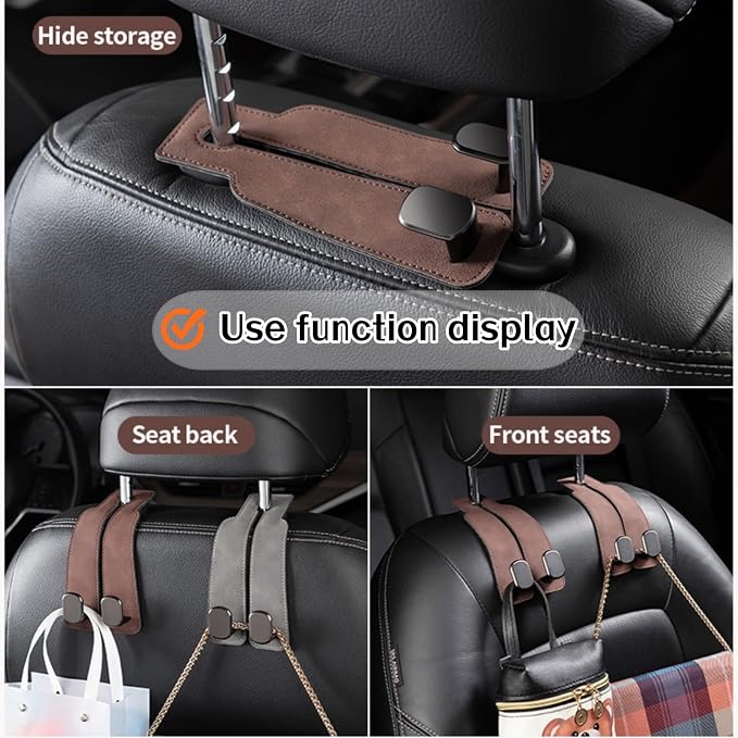 Coozyland Car Hooks, Coozy Land Metal Multi-Function Leather Car Headrest Hooks, Universal Double Hook Car Seat Back Storage Hooks for Wallets, Handbags, Bottles, Trash Bags, etc(White 4-Pack)