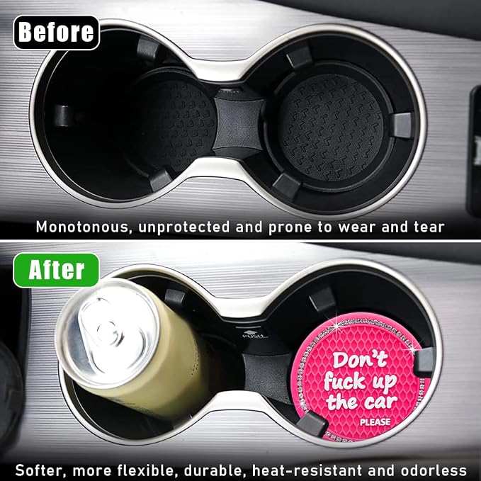 Ohleats 2 PCS Bling Car Cup Coaster, 2.75 Inch Non-Slip Don't Fuck Up My Car Please Cup Holder Insert Coaster, Crystal Rhinestone Auto Drink Cup Mat, Universal Car Accessories (Rose Red)