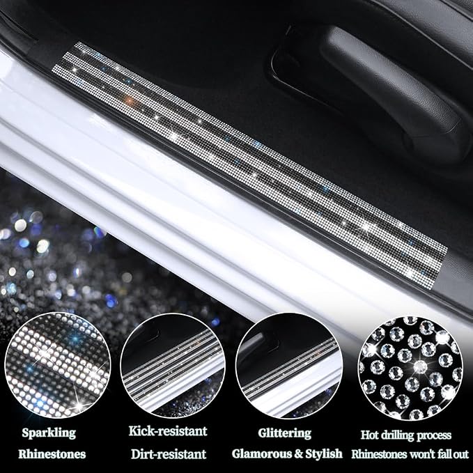 Luster Crystal Car Door Sill Plate Protectors, Bling Diamond Door Entry Guards Sill Scuff Cover Panel Step Protector Sticker with Sparkling Rhinestones Universal White & Black 2 Pcs