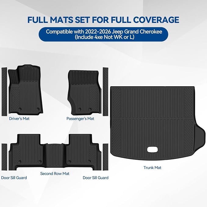 Custom Fit Floor Mats for Jeep Grand Cherokee (Include 4xe Not WK or L) 2022-2026, All Weather TPE Floor Liners with Trunk Mat & Door Sill Guard, Odorless Full Set Interior Accessories