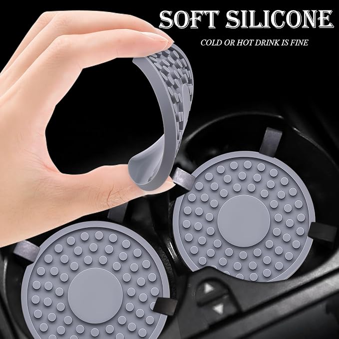 2 Pack Anti-Slip Car Cup Holder Mat – 2.75 Inch Silicone Drink Coaster, Secure Fit for Cars & Trucks – Cute Interior Decor for Women & Girls (Gray)