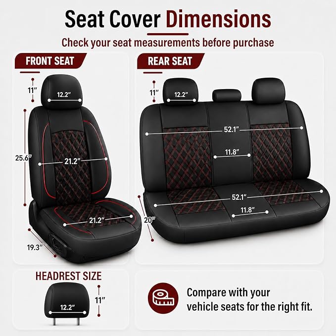 HChengkikz Car Seat Cover, Waterproof Nappa Leather (Black + Red) | Breathable, Airbag compatible, Easy to Install, Universal Fit for Most Cars, Sedans, SUVs, Vans, Trucks