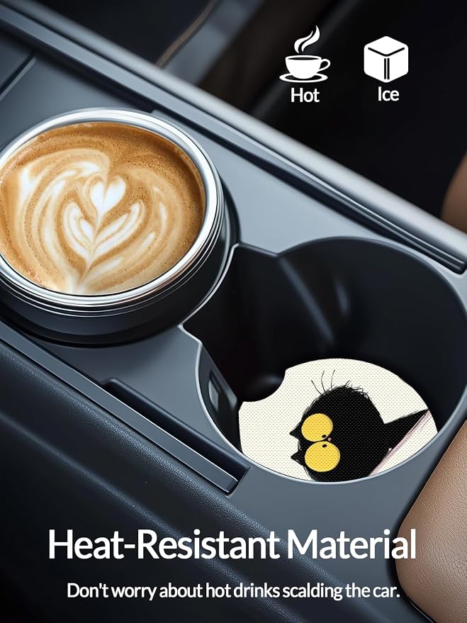 WOCOCN Cute Cup Holder Coasters for Your Car with Fingertip Grip, Auto Accessories for Women & Men,Pack of 2(Black Cat)