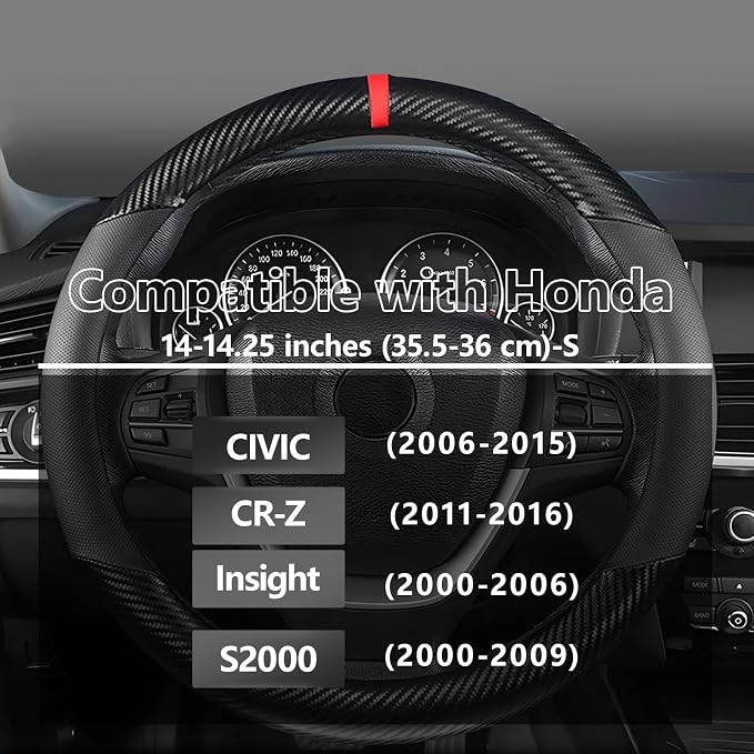 KAFEEK Customized Auto Car Steering Wheel Cover for Honda Civic, CR-Z, Insight, S2000, Small Size 14" - 14.25" Outer Diameter, Carbon Fiber, Black