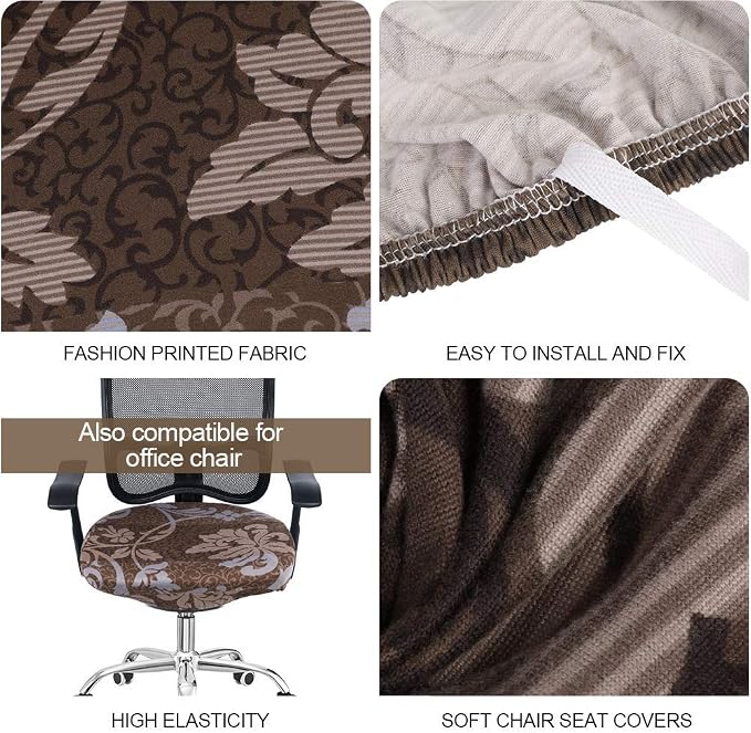 SearchI Seat Covers for Dining Room Chairs Stretch Printed Chair Seat Covers Set of 4, Removable Washable Upholstered Chair Seat Protector Cushion Slipcovers for Kitchen, Office(Brown+Flower)