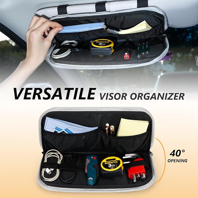 GNEGNI Tactical Car Sun Visor Organizer - Rigid MOLLE Panel Vehicle Storage Pouch with 3 Straps - Car Interior Document and Tool Holder for Truck, SUV, Jeep (13" x 7") (Light Gray)
