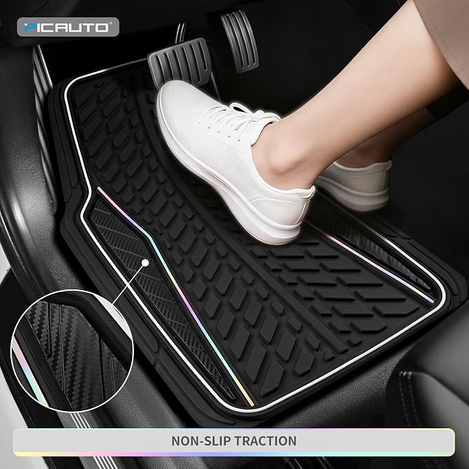PIC AUTO Car Floor Mats, Black Aluminum-Molded with Full-Circle Iridescent Inlay Strip Car Mats, Universal-Fit Rubber Mats for Cars, Trucks & SUVs, All-Weather, Non-Slip, Easy-to-Clean Interior Mats