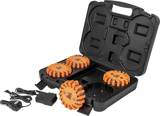 Buyers Products 8891017 Rechargeable Magnetic Road Flare Kit with Carrying Case, 4 Pack, Includes Steady On Mode and 10 Flash Patterns, Rechargeable Road Flare Strobe