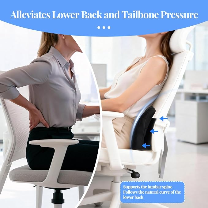 Lumbar Support Pillow for Office Chair and Car, Memory Foam Back Cushion Provides Lumbar Support to Relieve Back Pain, Ideal for Driving and Office Use (Black)