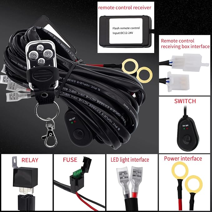 LED Lights Bar Remote Control Wiring Harness Kit 2 Leads DC12V On-Off Switch Power Relay Blade Fuse 14AWG Core Cable Wiring Harness Kit fit for LED Driving Lights Bar Work Auxiliary Lights