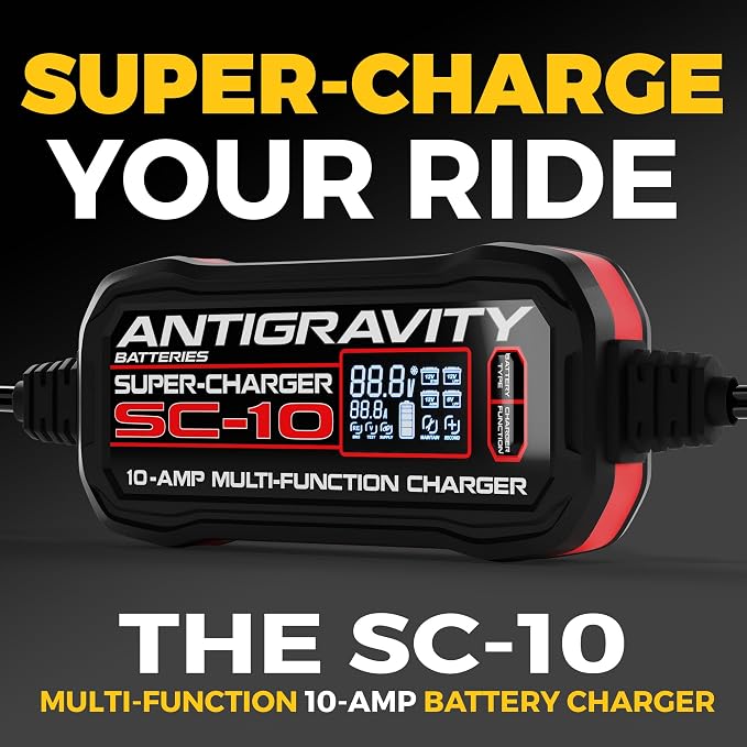 Antigravity SC-10 Super-Charger 10A Smart Battery Charger & Maintainer for 6V/12V Lithium (LiFePO4) & 12V Lead-Acid Batteries – Wall-Powered, LCD Display, Power Supply Mode, BMS Reset