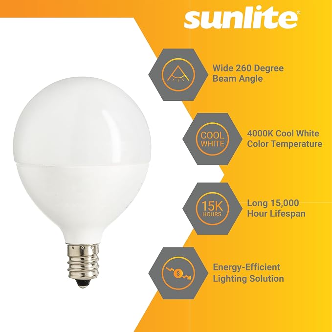Sunlite G16.5 Light Bulb LED, 7 Watts (60W Equiv.), 500 Lumens, Dimmable, Type G Globe Shape E12 Candelabra Base, Short Bulbs, Vanity Mirror Bulbs, 4000K Cool White, Frosted, 6 Count