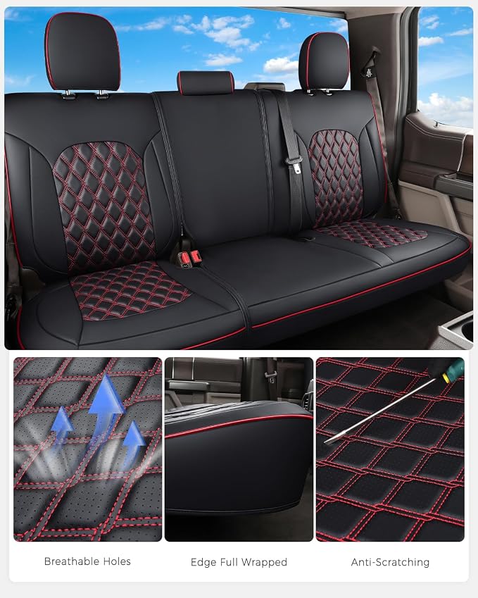 Huidasource Tacoma Back Row Seat Covers, Split Rear Bench Leather Seat Cover Fit for 3rd Gen Toyota Tacoma 2016-2023 Double & Crew Cab SR SR5 Limited TRD Sport/Pro/Off Road (Back Row/Black&Red)
